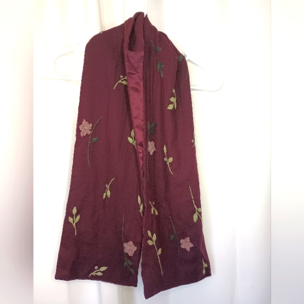 Echo Floral Embroidered Felted Wool Silk Scarf Purple Beaded Dark Cottagecore
